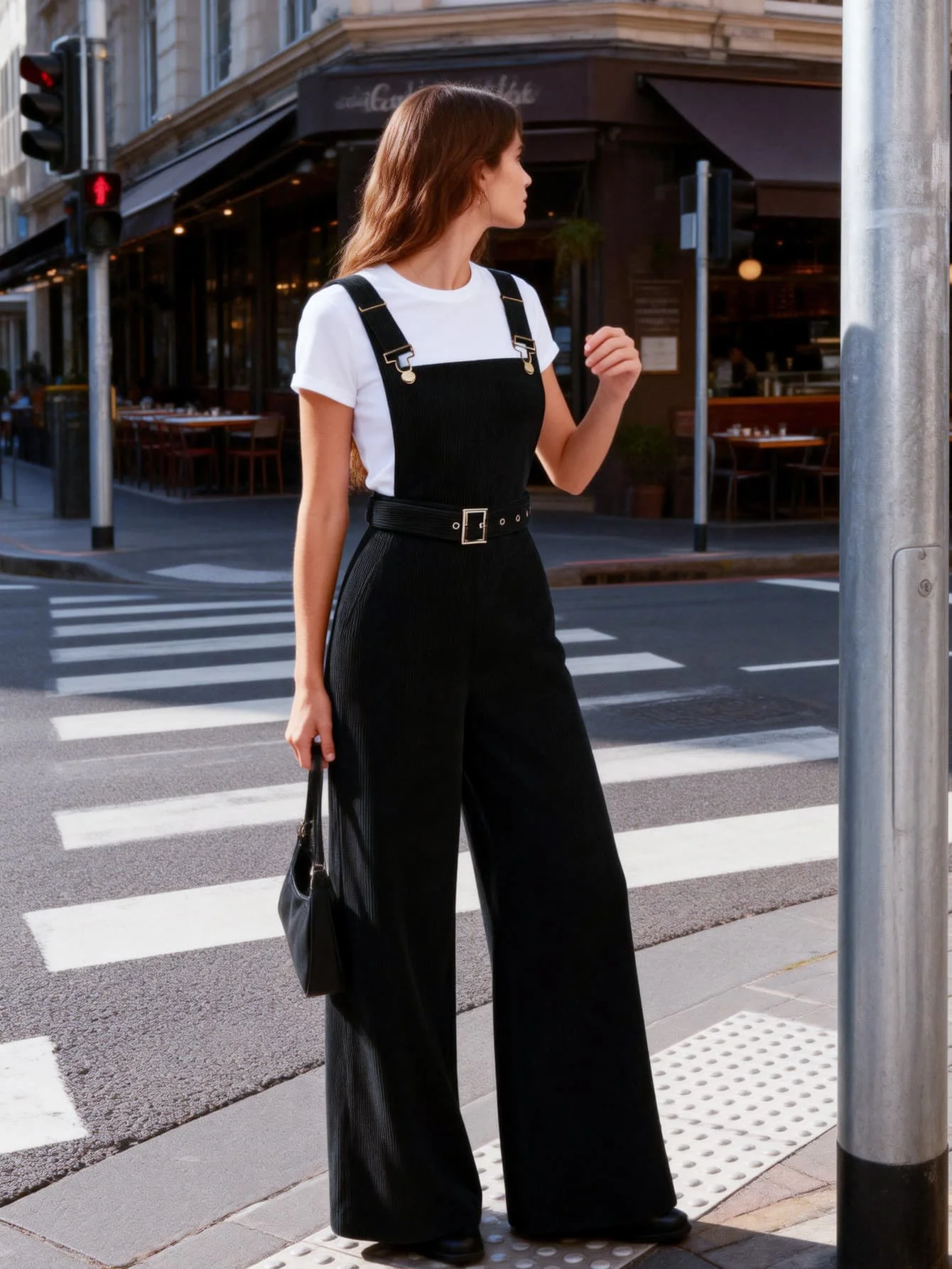 Women Solid Corduroy Bib Overalls Adjustable Metal Buckle Straps Belt Waist Flared Wide Leg Pants Vintage Streetwear Autumn Jumpsuit