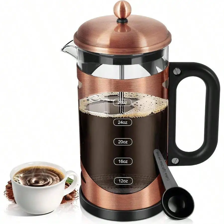 French Press Coffee Maker (34oz 1Quart 5-6Cup) Coffee Press, With 4 Filters System, Heat Resistant Thickness Borosilicate Glass,