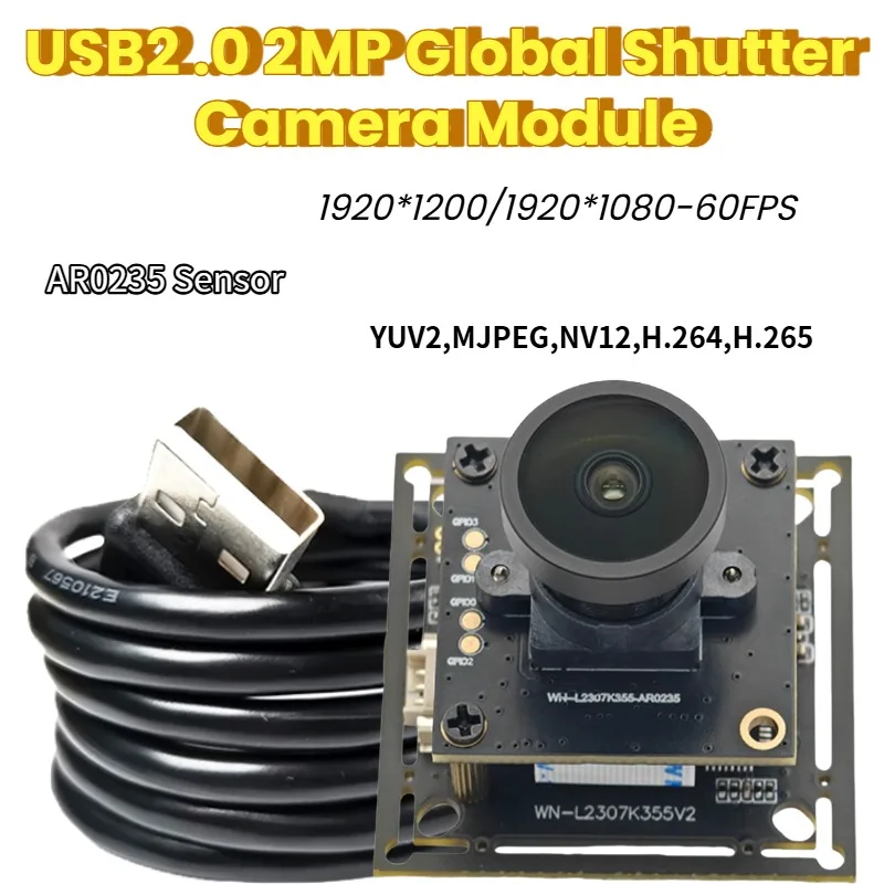 2MP USB Camera Module AR0235 Global Shutter Sensor 1080P 60FPS UVC Plug and Play Fixed Focus for Industrial Machine Vision