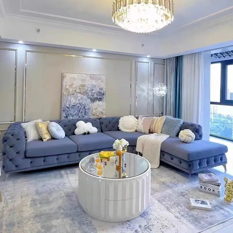 Light luxury living room sofa curved buckle concubine corner fabric combination simple pink Internet celebrity creative new