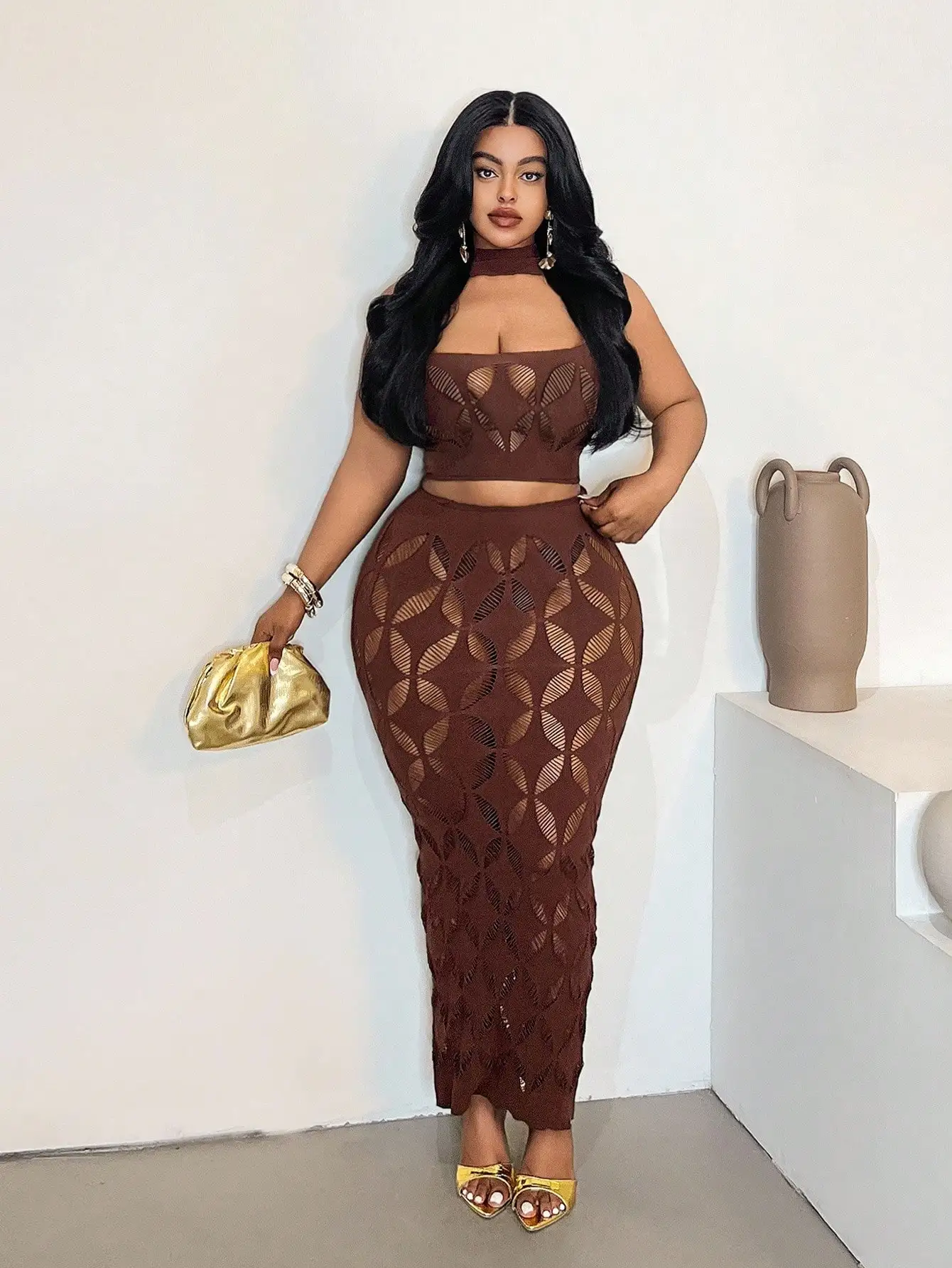 

2PCS Women's Sexy Set Black&Brown Mesh Hollow Out Crop Tank & High Waist Bodycon Mini Skirt Lace Stretechy Clubwear