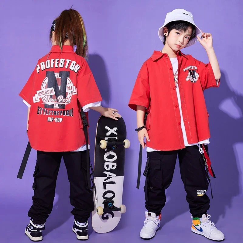 

Kids Hip Hop Clothing Kpop Outfits Red Short Sleeve Shirt Cargo Joggers Pants for Girls Boys Teenage Jazz Dance Costume Clothes