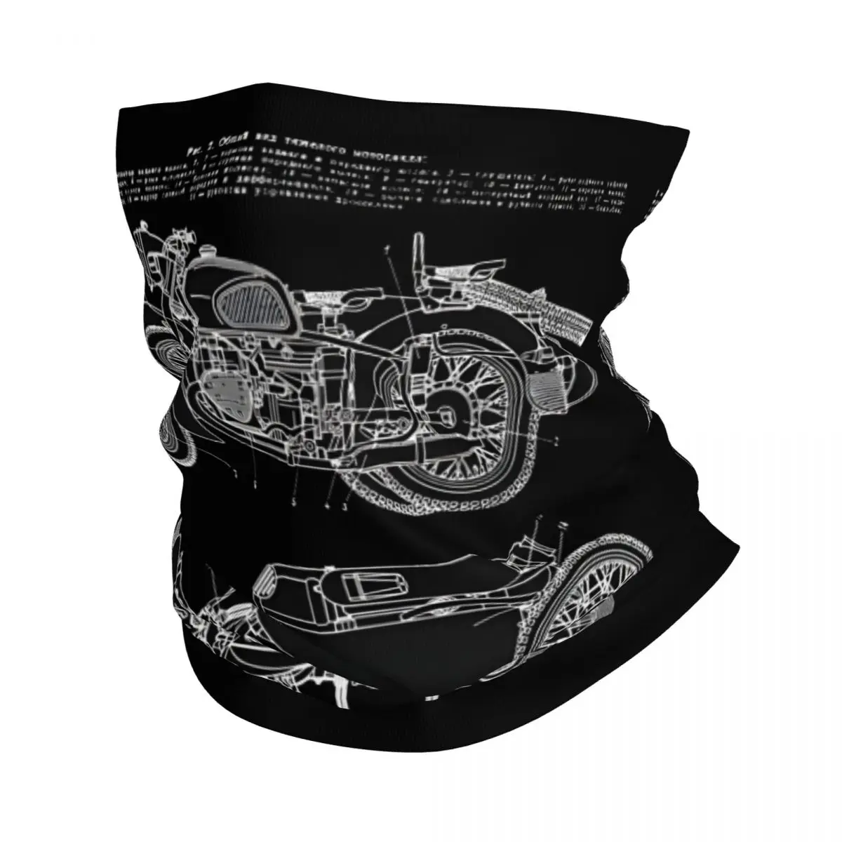 Vintage KMZ Dnepr-12 Motorcycle Diagram (White - Black Background) Ural Bandana Neck Gaiter Printed Motorcycle Club Face Scarf