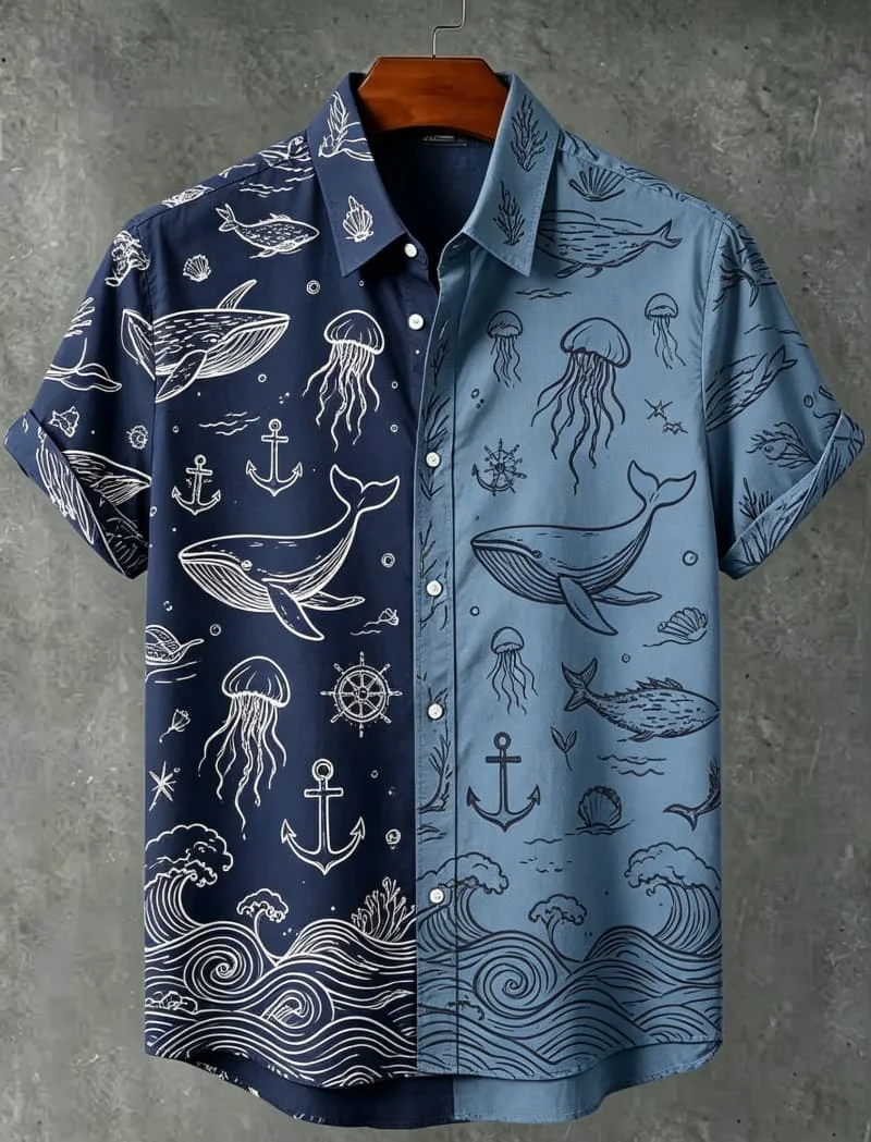 Two Tone Spliced Printed Short Sleeved Shirt For men's Casual Cardigan top, With Unique Contrasting Color Charm For Daily Wear