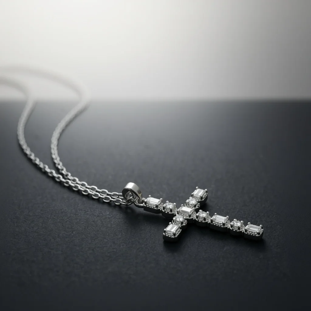 Chic Silver Tone Copper Pendant Necklace, Alternating Zircon Geometric Cross Decor Jewelry for Banquet & Special Gift Selection