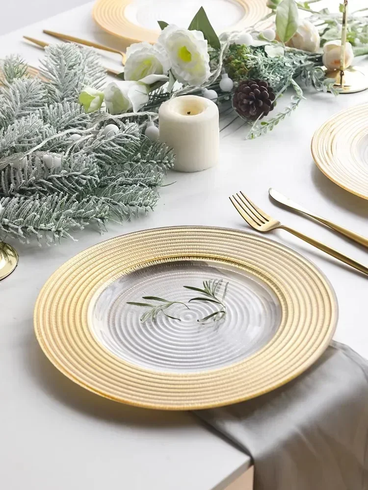 

Легкая роскошная стеклянная основная обеденная тарелка с золотыми краями, домашний стиль, презентация стейка и десерта, кухонный набор столовых приборов, аксессуары для дома