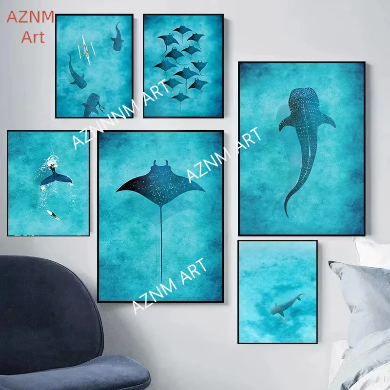 Acuarela azul océano organismo marino ballena tiburón Manta rayos cartel mar playa Surf lienzo pintura arte de la pared para habitación hogar Dec