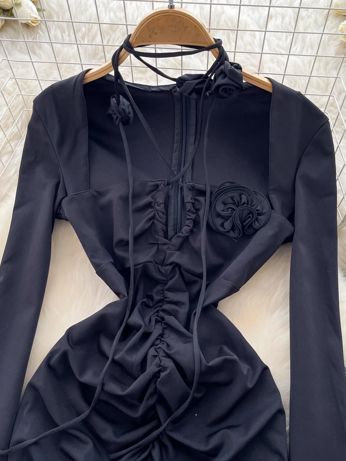 Slim Fit Korean Style Commute Long Sleeve Dress Women's High Waist A-Line Short Dress Drawstring Neck Hanging Skirt