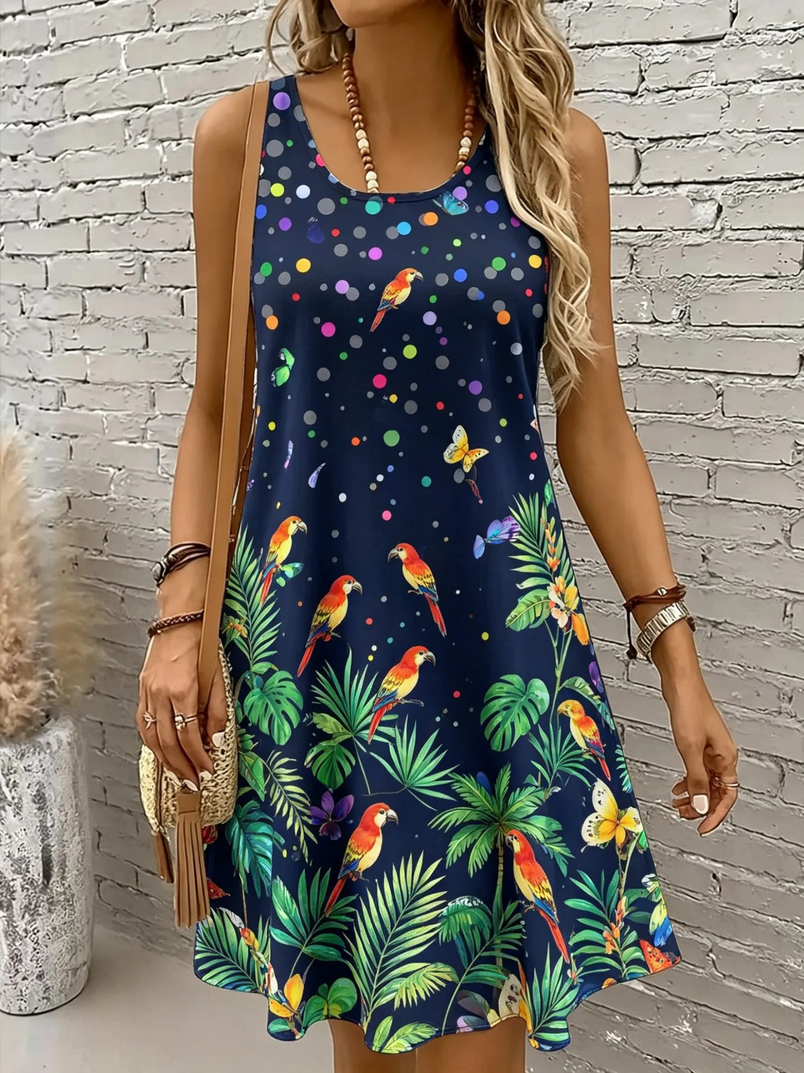 Women's Round Neck Sleeveless Tropical Parrot Print Casual A-Line Mini Dress, Fun Tank Dresses for Spring & Summer
