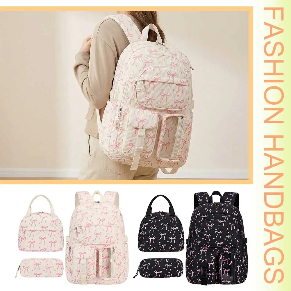 Women Bow Corduroy Backpack Large-capacity Laptop Backpacks with Lunch Bag and for Elementary Middle Students