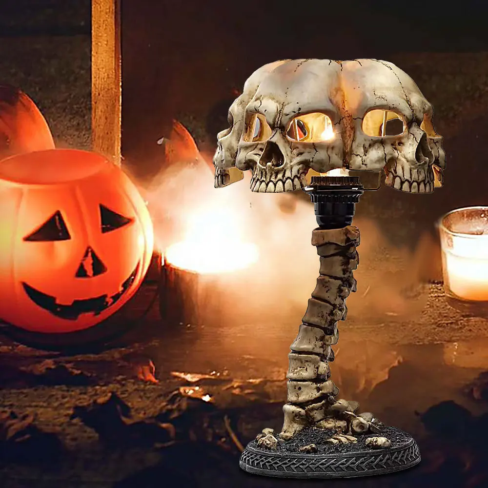 Creative Resin Skull Table Lamp Luminous Skull Night Light Home Office Desktop Ornament Halloween Decoration