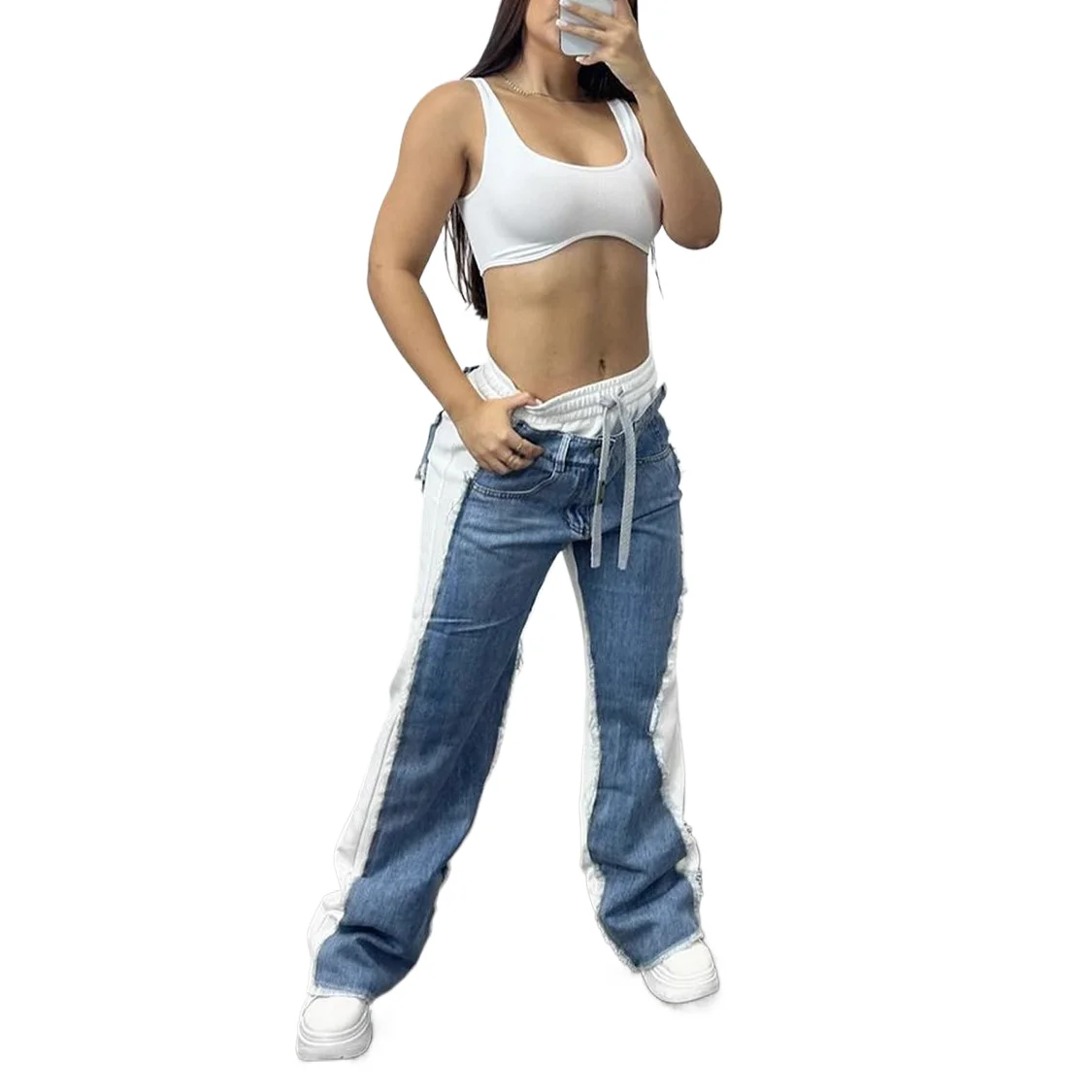 

2025 New Fashionable and Individual Spell Color Jeans. Women's Autumn Casual Drawstring Patchwork Elastic Waist Wide-leg Jeans