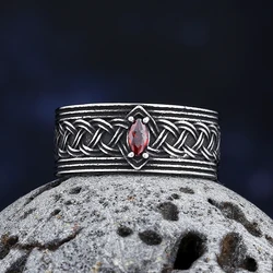 316L Stainless Steel Viking Knot Ring With Red Gemstone Men Vintage Nordic Viking Totem Odin Men Rings Jewelry Party Gift