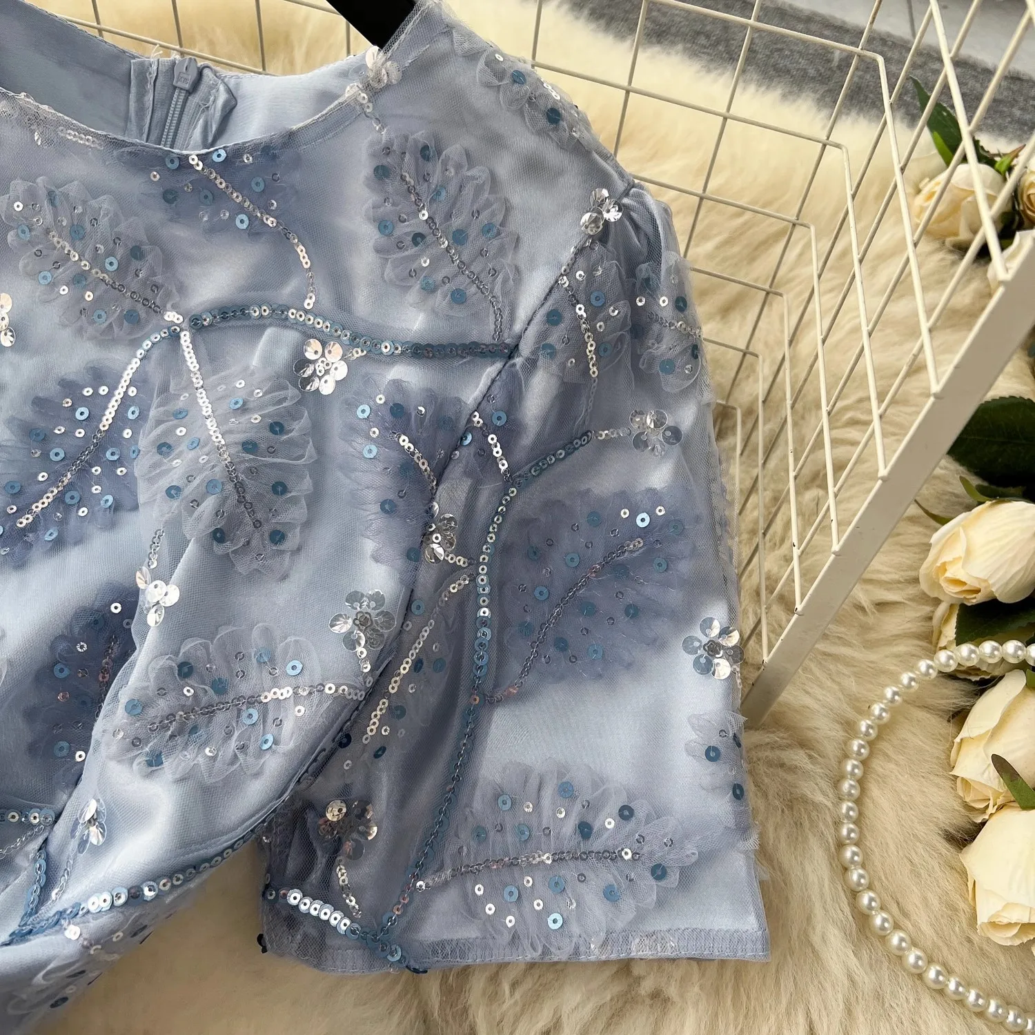 Summer Fashion Luxious Sequins Embroidery Mesh Dress Women's O-Neck Short Sleeve Sashes Slim A-line Elegant Party Vestidos 7054