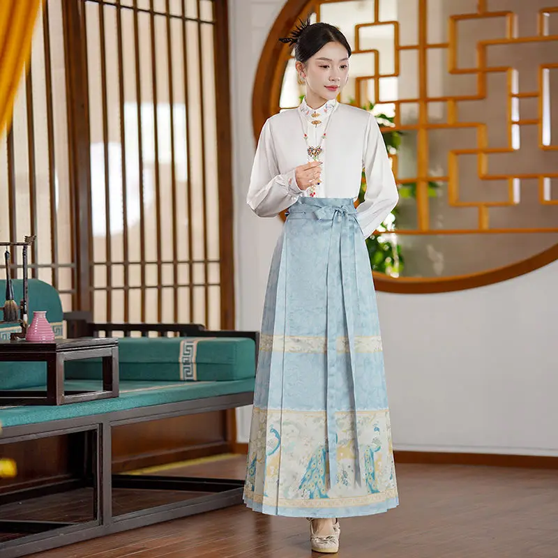 ‌New Chinese Style Ma Mian Skirt - Ming Dynasty Hanfu Embroidery Elegant Daily Wear for Women Stand Collar Long Sleeve Outfit