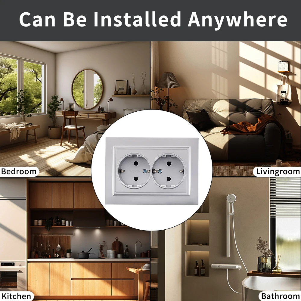 WESA Silvery Power 2 Socket EU Electrical Outlett With Ground Wall Socket Plugs Flame Retardant Spray Paint Plastic Embed Socket