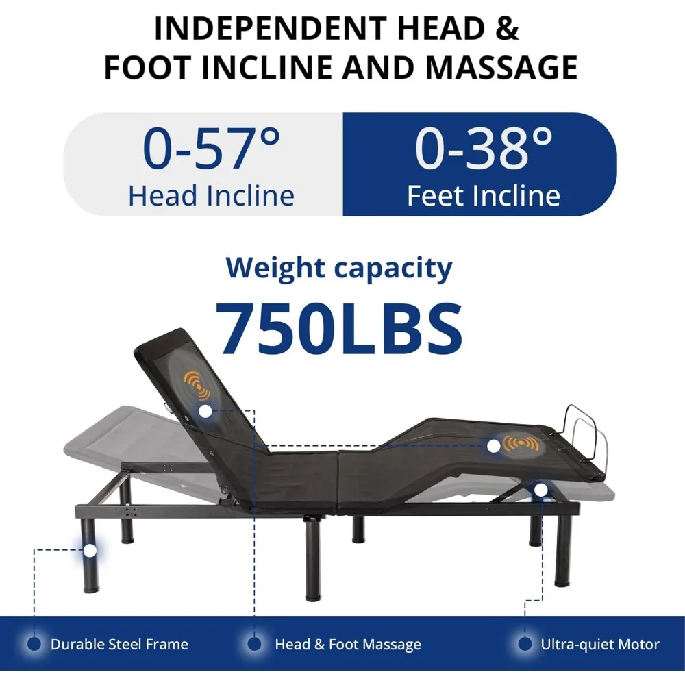 

Split King Bed Adjustable Bed Frame with Wireless Remote Control+14 Inch Copper Memory Foam Mattress, Including Head and Feet