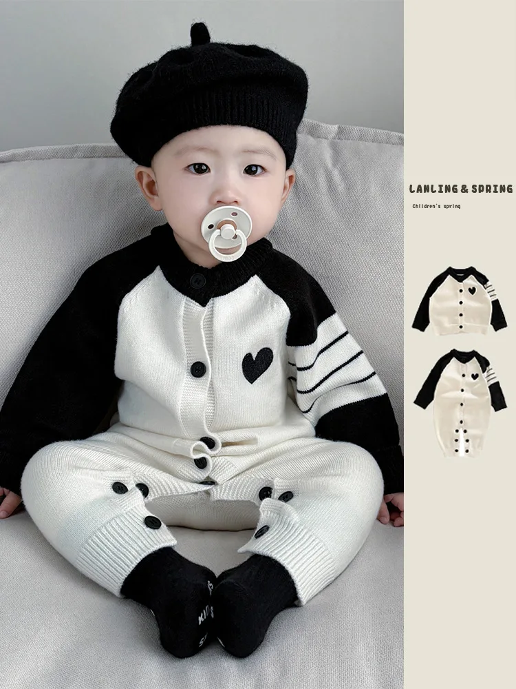 

Korean Sle Baby Rer Spring Autumn Cute Knitted Sweater Bot Covering Clothes Newborn a Class Long Sve Cler Suit
