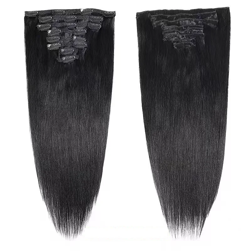 18 Inch Long Black Straight Clip In Human Hair Extensions for Women, 8Pcs with 18 Secure Clips Double Wefts Clip Ins, Thick Soft Real Hair Extensions for Everyday Wear