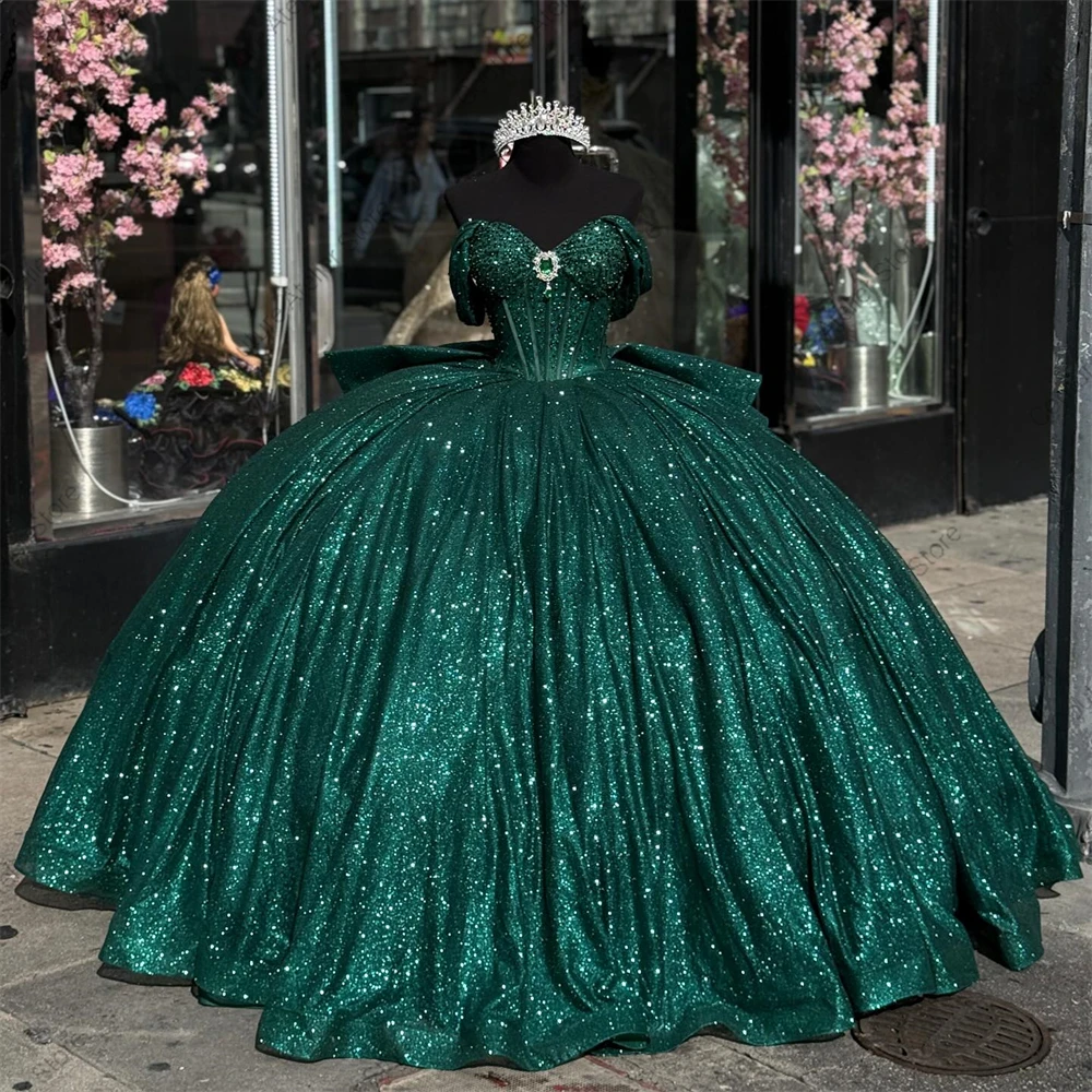 Green Shiny Off The Shoulder Quinceanera Dress Ball Gown 2024 Crystal Princess Corset Sweet 16 Dresses Wedding Gown Customized