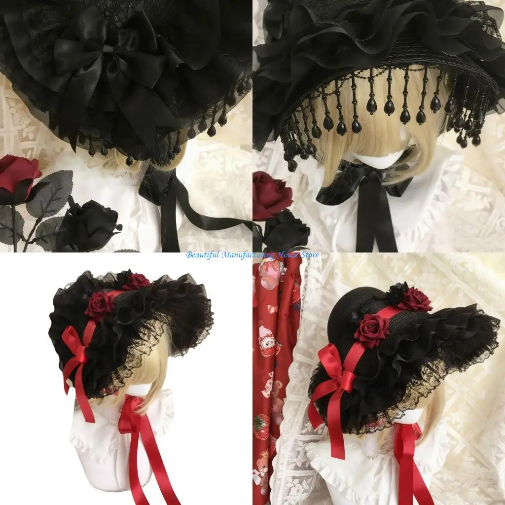 E56A Spring Summer Lace Bonnet Hat Natural Straw Braided Brimless Unisex Accessory