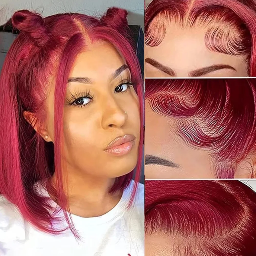 Glam 99J Burgunderrote, glatt geschnittene Bob-Perücke, 13x4 HD transparente Spitzenfront, 200 Dichte, vorgezupfte Haarlinie, für Damen, tägliches Styling