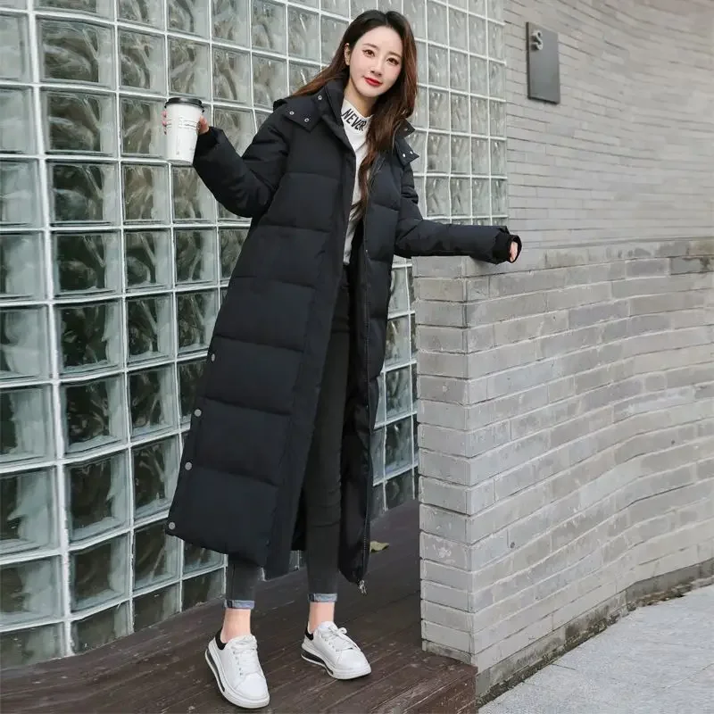 Wintermantel für Damen, koreanische Mode, lockere große lange Parkas, doppelte Knopfleiste, mit Kapuze, winddicht, warm, luxuriös, Baumwolljacke