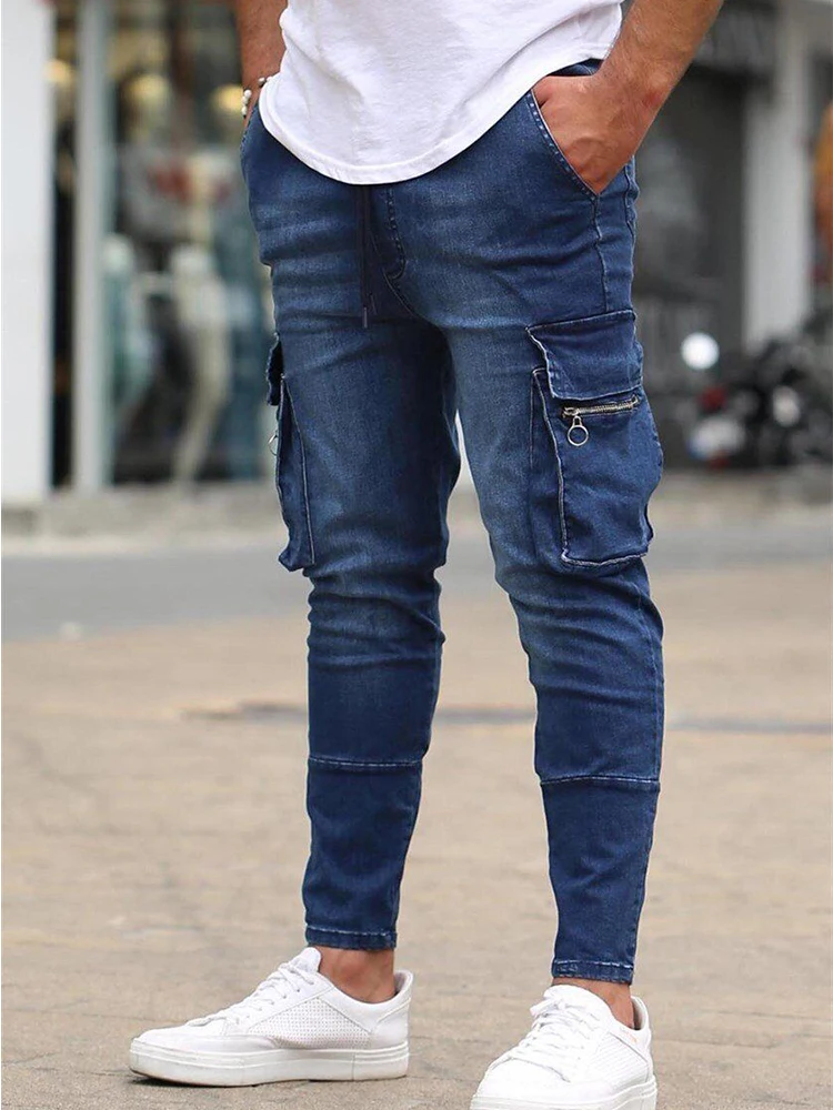 Jeans Men Denim Cargo Pants Wash Solid Color Multi Pockets Casual Mid Waist Trousers Street Elasti Slim Fit Daily Wear Joggers