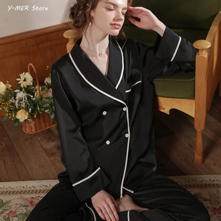 Lapel Long Sleeve Pajamas Suit Big Size 3Xl Two Piece Set Home Clothes Rayon Sleepwear Women Home Suit Pyjamas Pour Femme