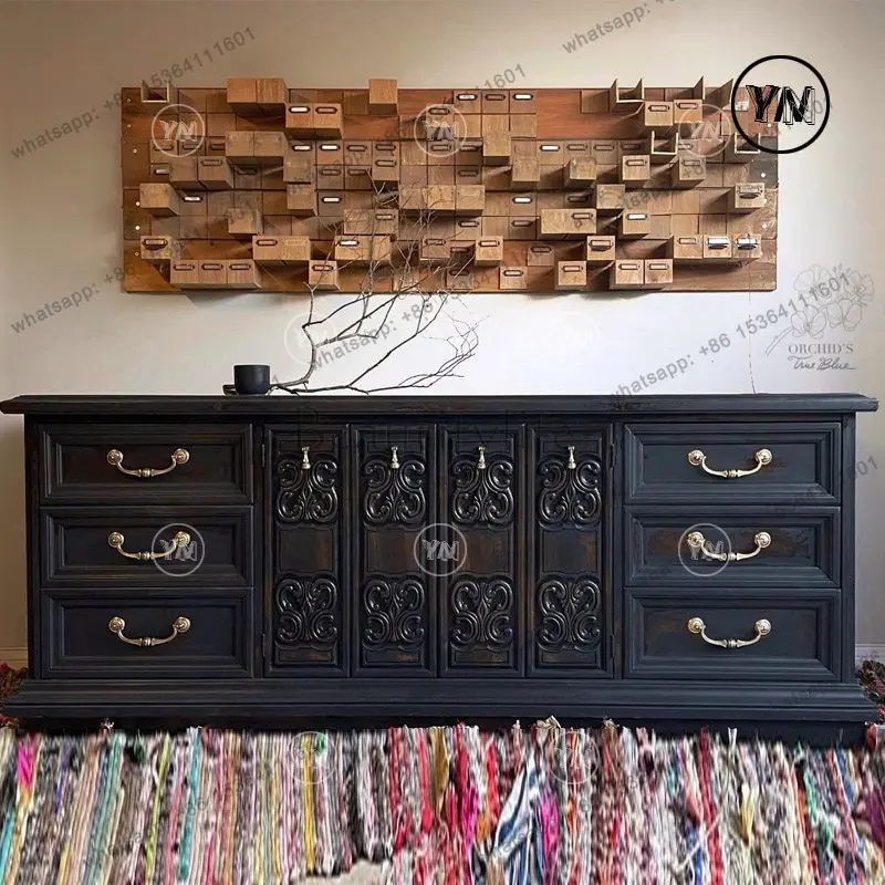 "Retro solid wood carving flower TV cabinet American entrance storage storage cabinet large capacity