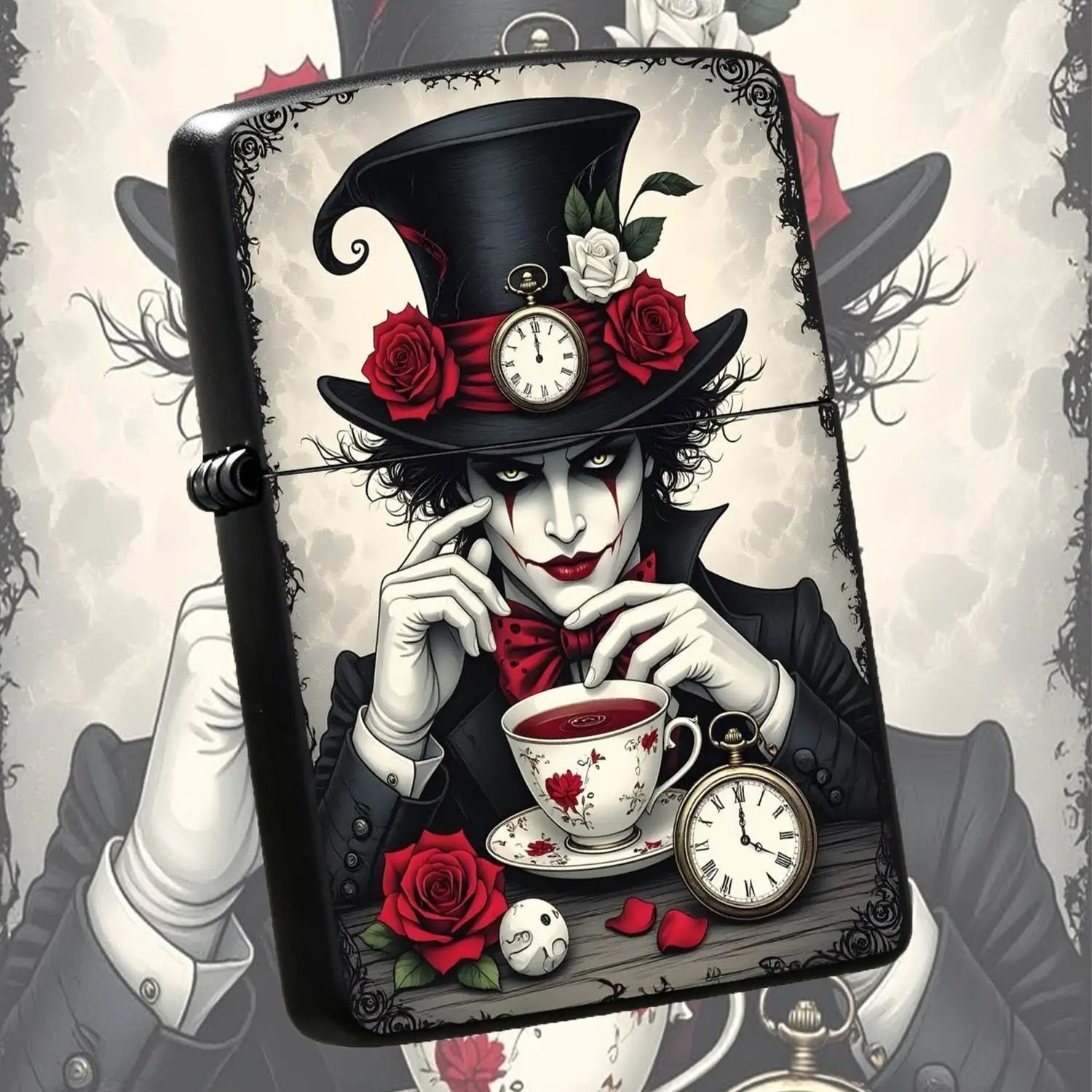 Dark Gothic Inspired Lighter Themed Art Piece With Red Roses Pocket Watch Pattern Exquisite Decorative Accessory For Daily Use Gifting All Scenes Suitable Unique Stylish Portable Ornament For Art Lovers Fantasy Aesthetic Decor Item A Humoro