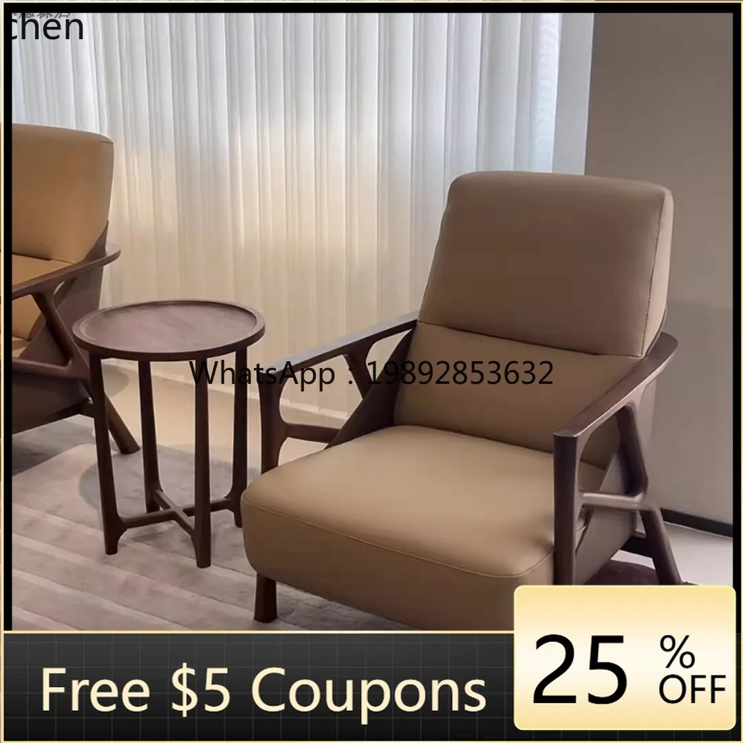 

Black Walnut Wood Sofa Chair Lounge Chair Living Room Balcony Solid Wood Leather Chair