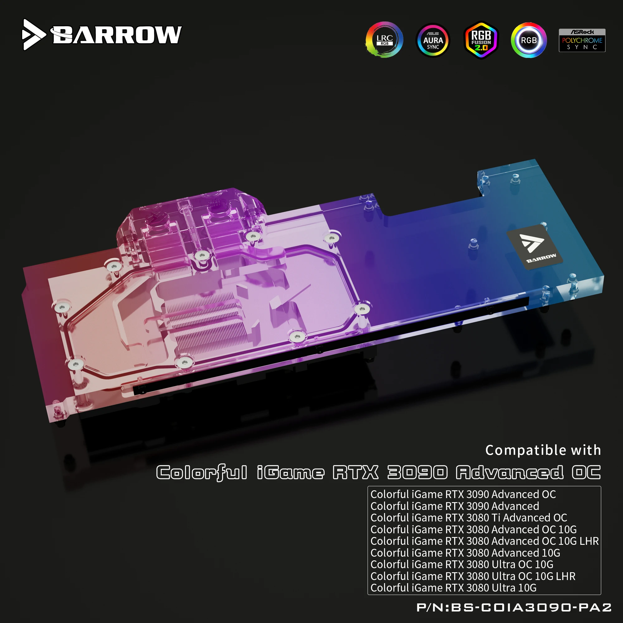 BARROW GPU Water Block for Colorful iGame RTX 3080/3090 Advanced OC Water Cooling Cooler 5V Header BS-COIA3090-PA2