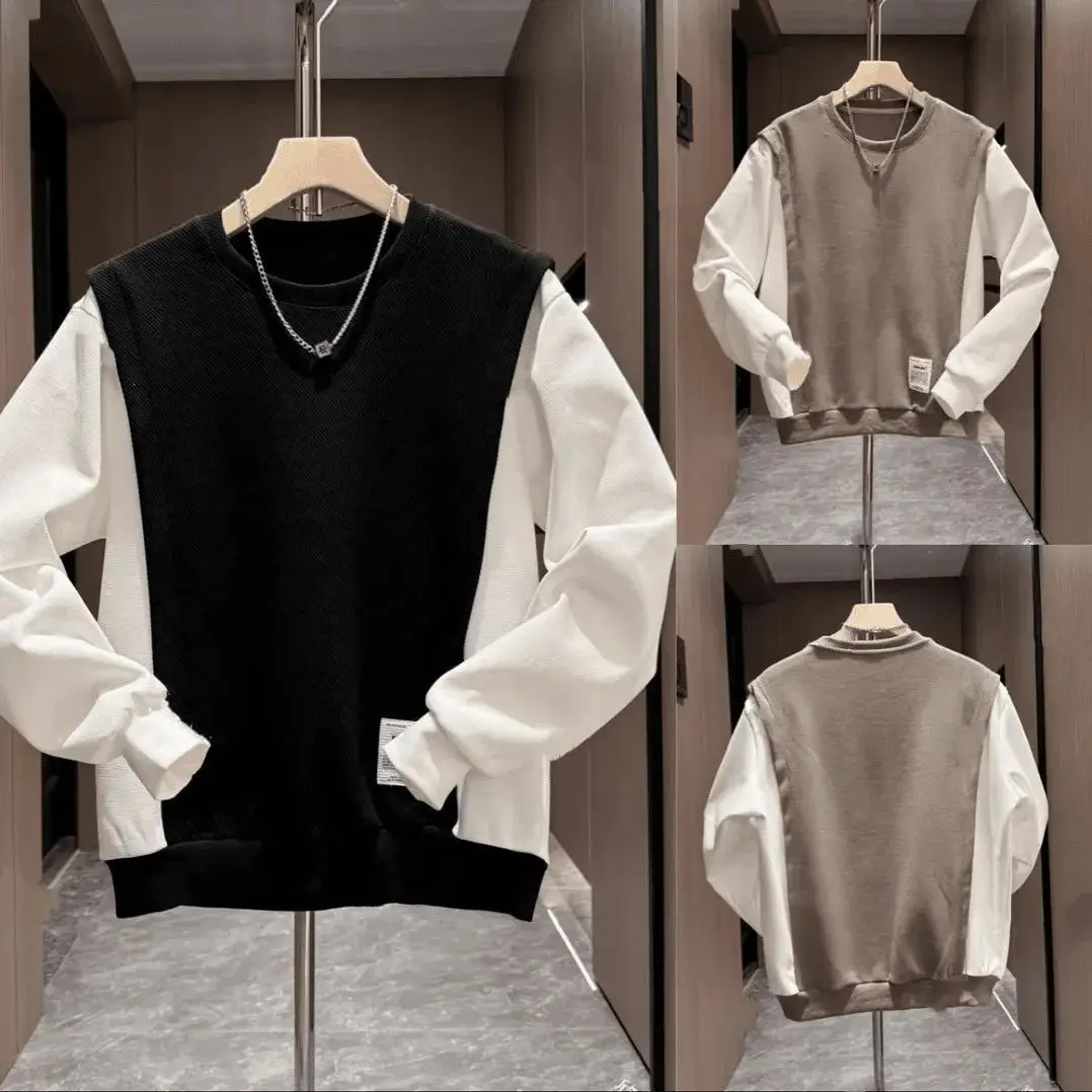 Autumn Winter New Style Spliced   contrasting Color Fake Two-piece Round Neck Sweatshirt for Men Versatile Pullover Long Sleeves