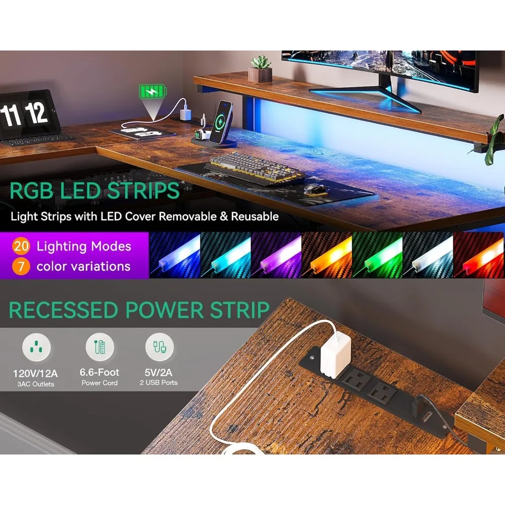 مكتب ألعاب على شكل حرف L قابل للعكس مع درج ومنافذ طاقة وأضواء LED للاستخدام المنزلي والمكاتب #5