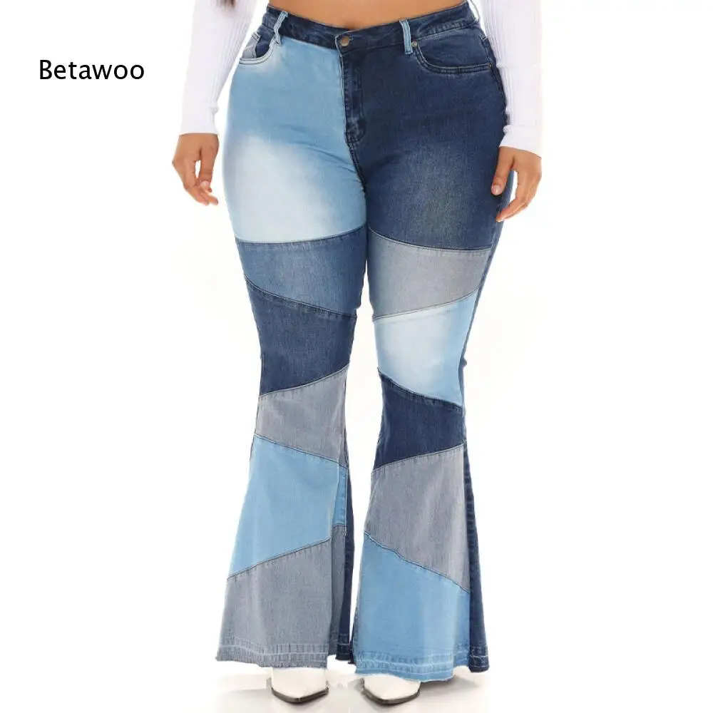 Women Color Block Patchwork High Waist Flared Jeans Multi Shade Blue Spliced Bell Bottom Denim Pants