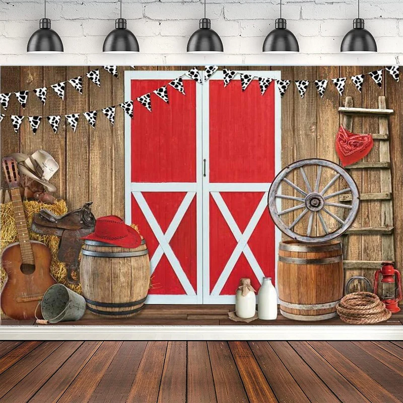 

Western Cowboy Scene Photography Backdrop Red Barn Door Farm BBQ Party Decoration Background Photo Booth Banner Poster