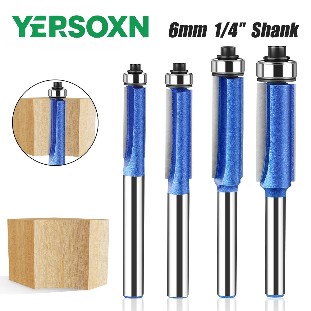 1/4PCS 6mm 1/4in Shank Blade Flush Trim Router Bit With Bearing For Wood Template Pattern Bit Milling Cutter Woodworking Tools