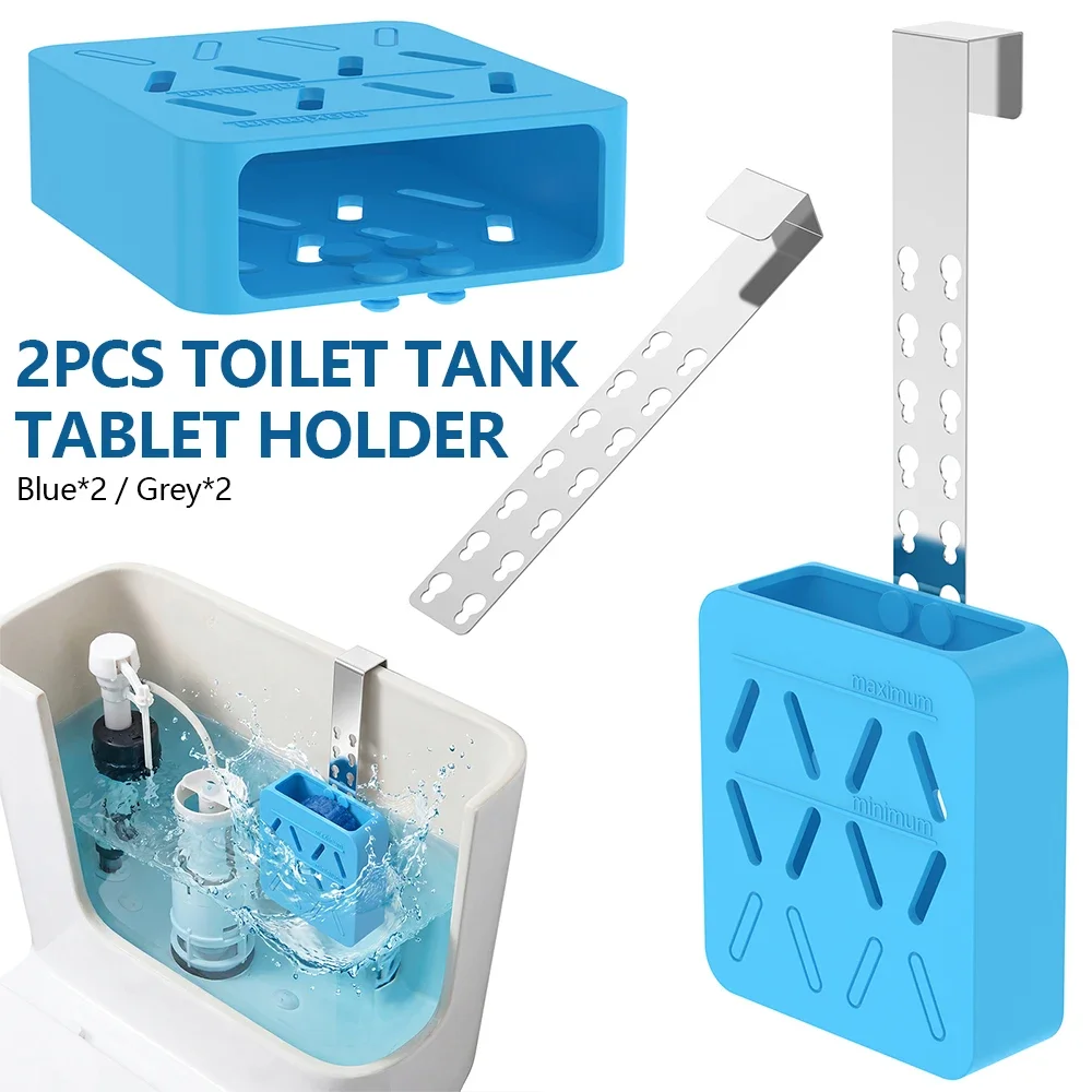 2 Pcs Adjustable Toilet Tank Tablet Holder Silicone Toilet Tank Cleaning Tablet Holder with Rustproof Hook Bathroom Accessories