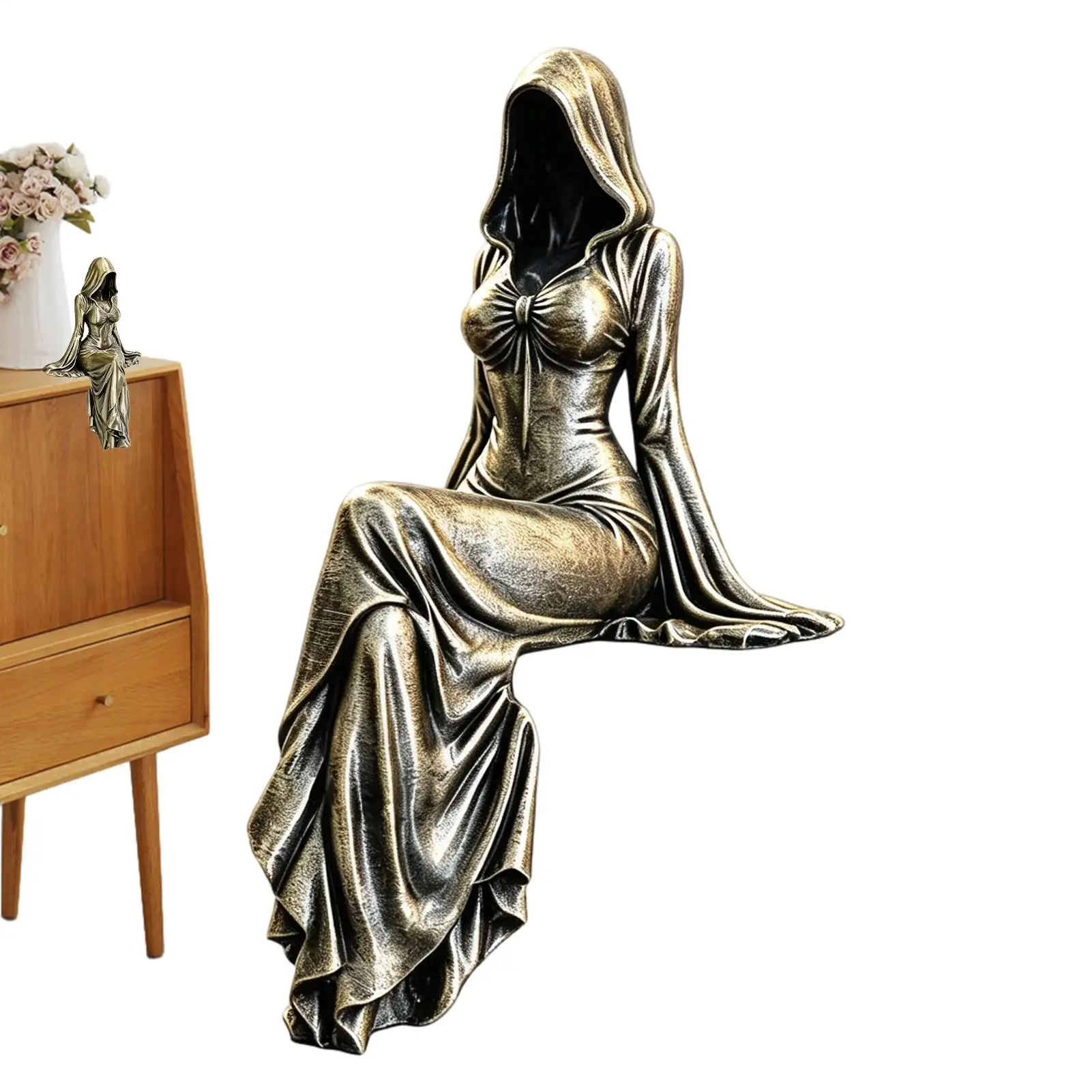 Mysterious Statue Bookshelf Figurines Ethereal Hooded Figure Sculpture Of The Grims Reaper 3D Spooky Sculpture
