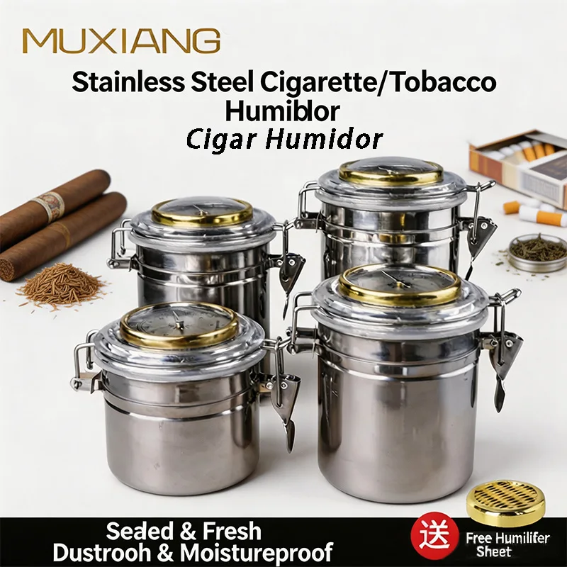 Multifunctional Stainless Steel Airtight Humidor Jar with Hygrometer Humidifying Sheet for Cigar Pipe Tobacco Tea Coffee Bean