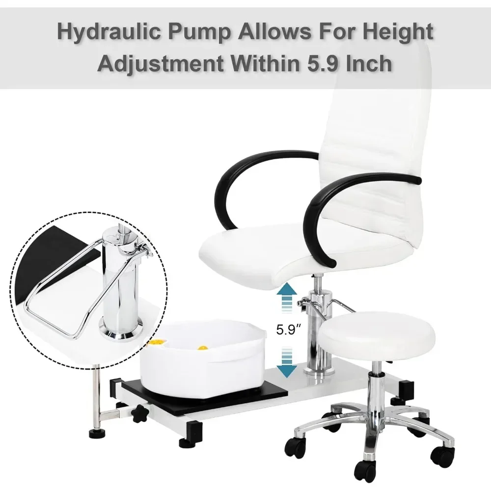 Pedicure Chair White with Stool & Bubble Massage Foot Bath, Hydraulic Pedi Chair for Nail Tech, Beauty Spa