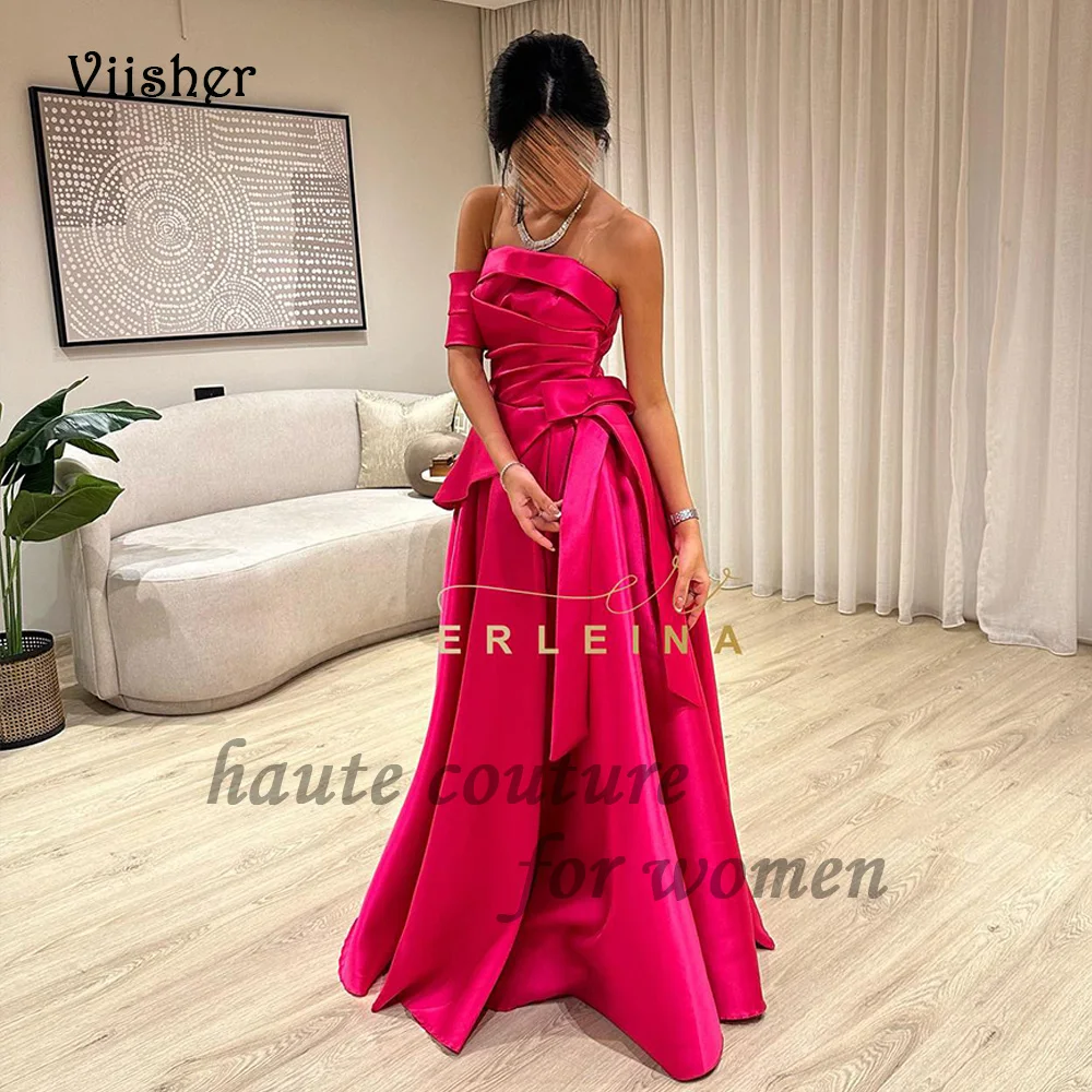 

Hot Pink Satin One Shoulder Evening Dresses for Women Pleats Strapless A Line Arabian Dubai Prom Party Dress Floor Length