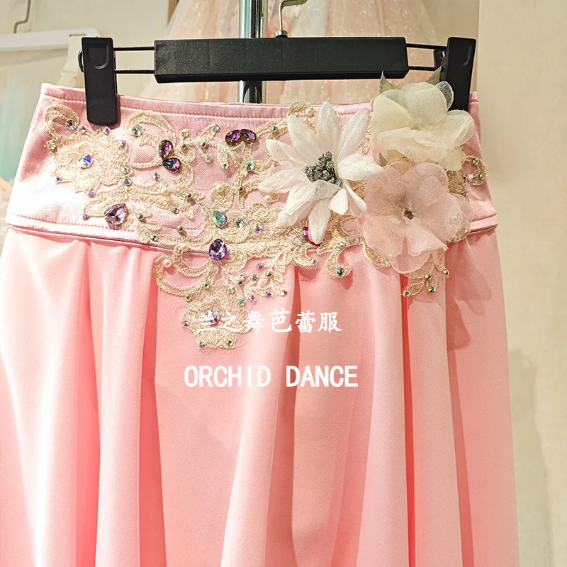 Women peach pink off-shoulder bubble short sleeve split ballet costume set full rhinestone vine embroidery 3D flower irregular c