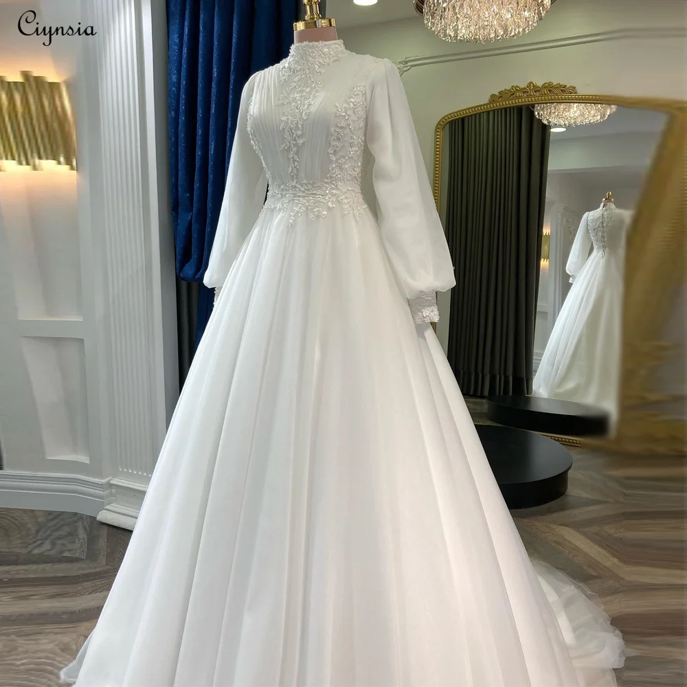 Ciynsia elegante lange Ärmel muslimische Brautkleid Spitze Applikationen plus Größe Brautkleider für Braut High Neck Vestidos de Novia