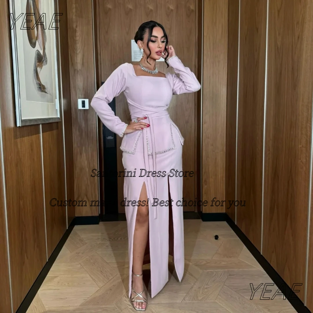 

Santorini Customized فساتين سهرات Long Sleeves Prom Dresses Sash Side Slits Evening Gowns Square Neck Formal Dress