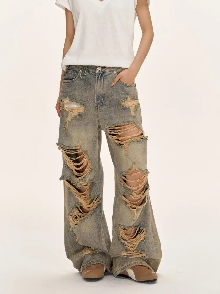 Calças Jeans Retrô de Perna Larga Estilo Streetwear Masculinas e Femininas, Soltas, Comprimento Total, Corte Reto, Jeans Vint...