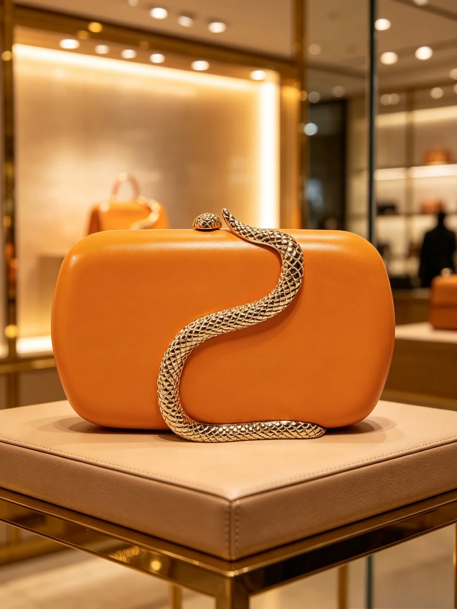 Orange Smooth Leather Clutch Bag Gold Snake Crystal Metal Lock Rectangle Evening Handbag Luxury Formal Party Purse For Middle