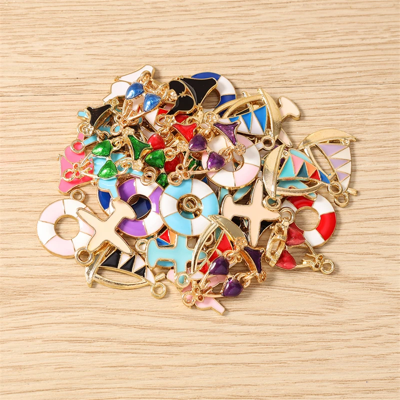 10pcs Cute Mix Enamel Swimsuit Swimming Ring Sailboat Charms Pendants for Jewelry Making Necklaces Earrings DIY Crafts Supplies