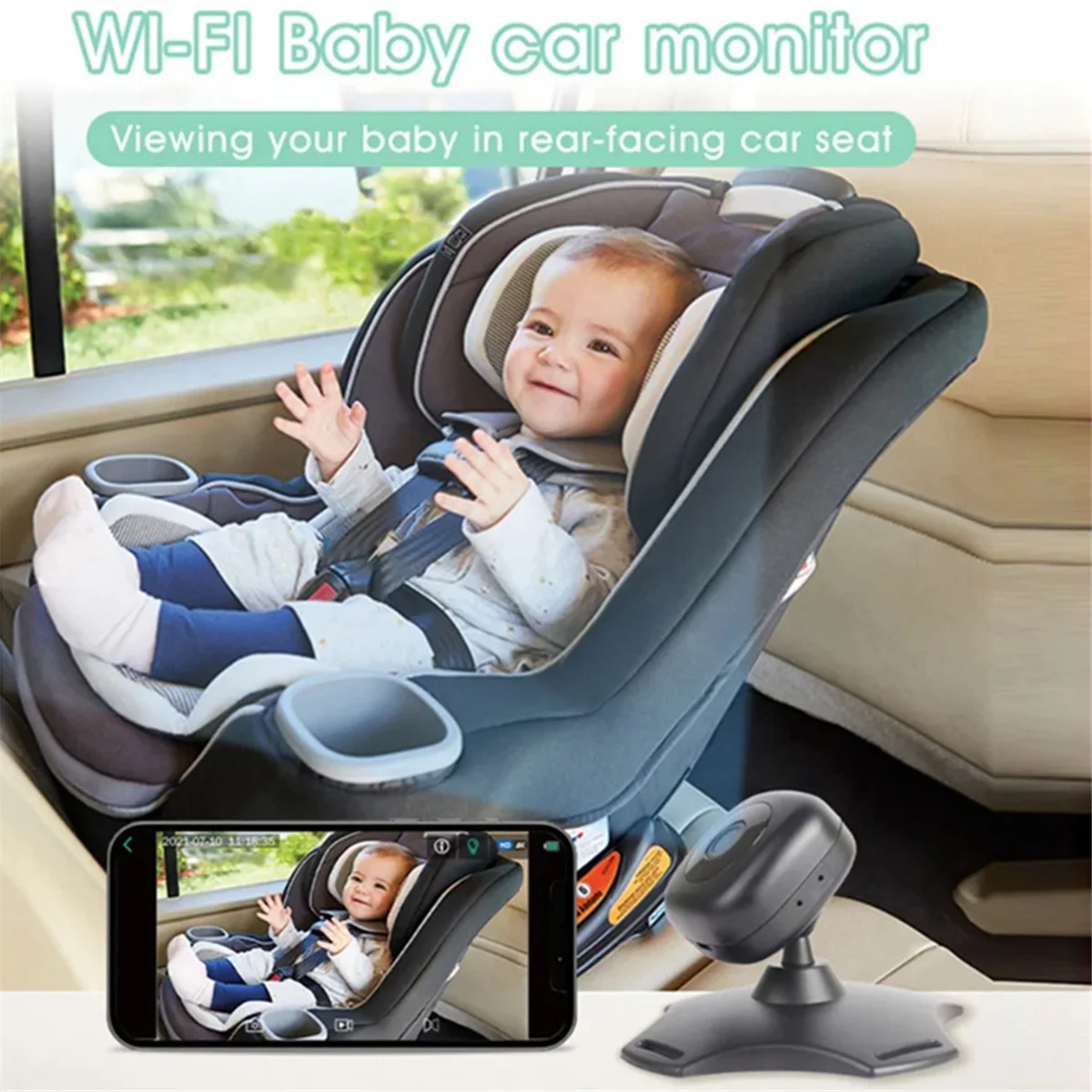 Monitor de carrinho WiFi para banco traseiro de bebê Câmera de monitoramento sem fio 360 °   Câmera giratória do espelho do carrinho de USB da visão noturna